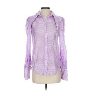 NWT Aqua Blue Purple Silk Cotton Puff Sleeve Collared Blouse S